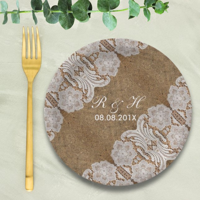 rustic western country wedding burlap and lace paper plates (rustic western country wedding burlap and lace paper plates)
