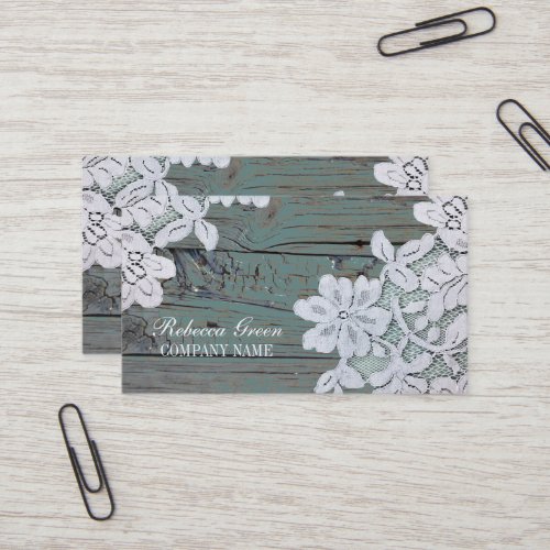 Rustic Western Country White Lace Teal Barn Wood Business Card