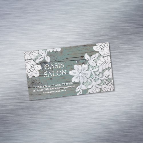 Rustic Western Country White Lace Teal Barn Wood Magnetic Business Card