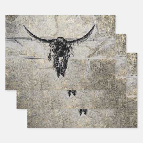 Rustic Western Cow Skull Black Texture Decoupage Wrapping Paper Sheets