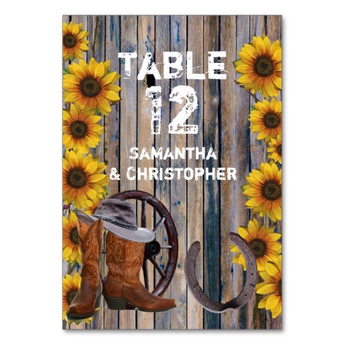 Rustic western cowboy and sunflower wedding table number
