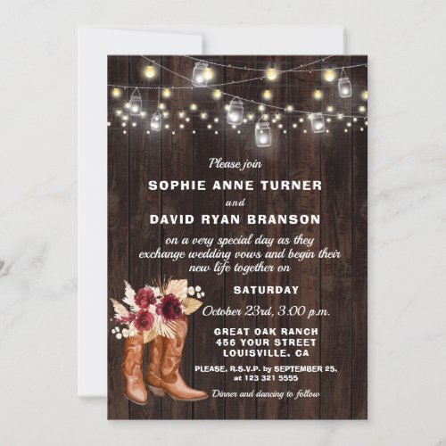 Rustic Western Cowboy Boots Pampas Grass Wedding Invitation