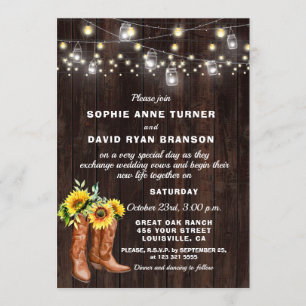 Rustic Western Cowboy Boots Sunflowers Wedding Invitation