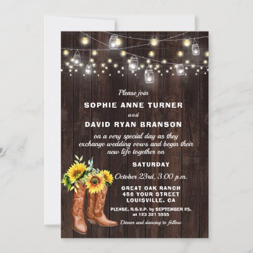 Rustic Western Cowboy Boots Sunflowers Wedding Invitation