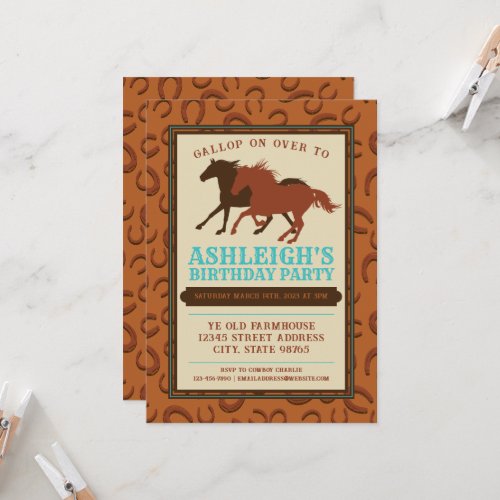 Rustic Western Cowboy Brown Horse Birthday Invitation