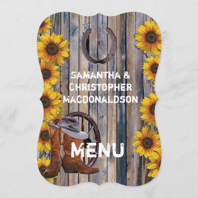 Rustic western cowboy country wedding menu (Front)