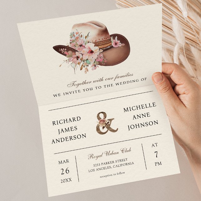 Rustic Western Cowboy Floral Hat QR Code Wedding Invitation (Creator Uploaded)