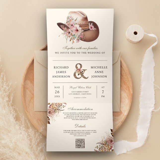 Rustic Western Cowboy Floral Hat QR Code Wedding Tri-Fold Invitation (Creator Uploaded)