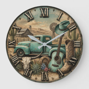Rustic Western Cowboy Guitar & Vintage Truck Large Clock