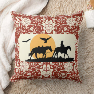 Rustic Western Cowboy Horse Floral Folk Art Sunset Throw Pillow