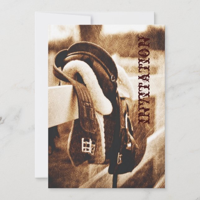 Rustic western cowboy horse saddle wedding invitation (Front)