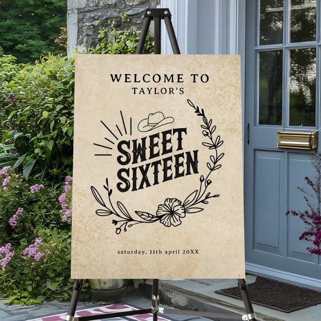 Rustic Western Cowboy Sweet Sixteen Welcome Sign (Rustic beige cowgirl sweet sixteen welcome sign with floral design displayed outside entryway.)