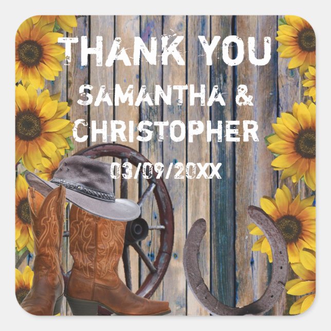 Rustic western cowboy wedding thank you square sticker (Front)