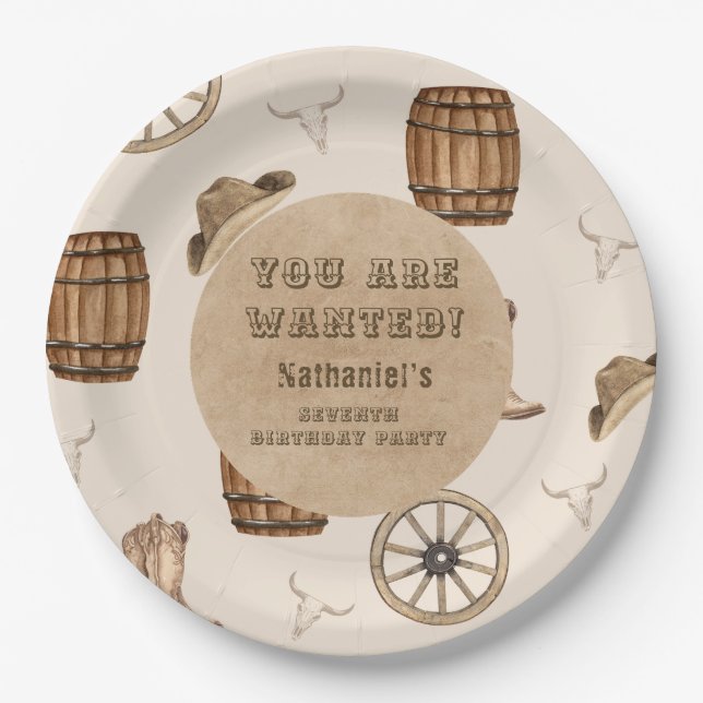 Rustic western cowboy you are wanted birthday  paper plates (Front)