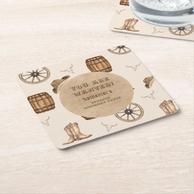 Rustic western cowboy you are wanted birthday  square paper coaster (Angled)