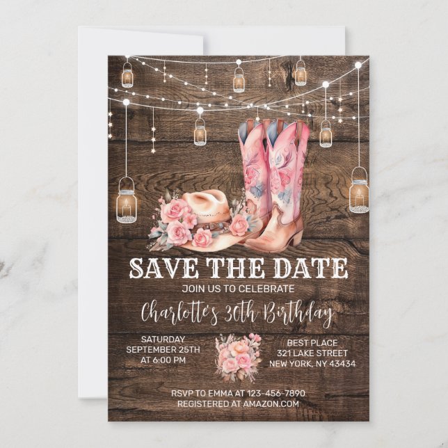 Rustic Western Cowgirl Save the Date Birthday Invitation (Front)