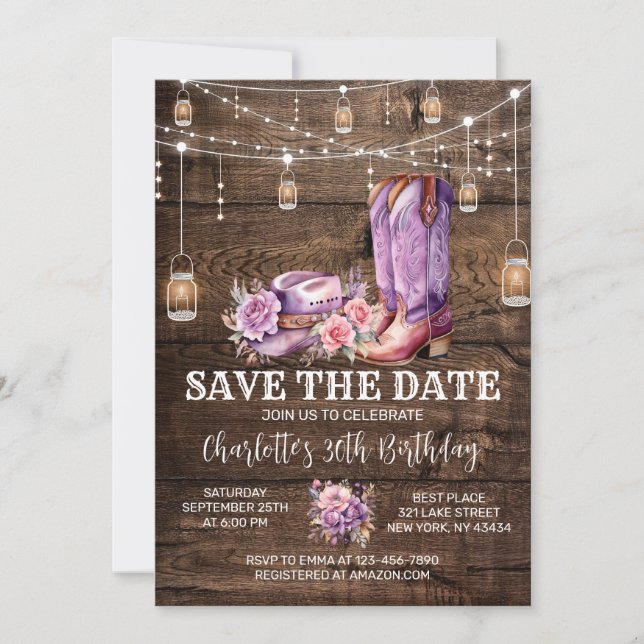 Rustic Western Cowgirl Save the Date Birthday Invitation (Front)