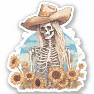 Rustic Western Cowgirl Skeleton With Sunflowers Sticker