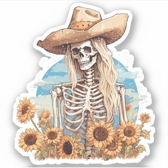 Rustic Western Cowgirl Skeleton With Sunflowers Sticker (Front)