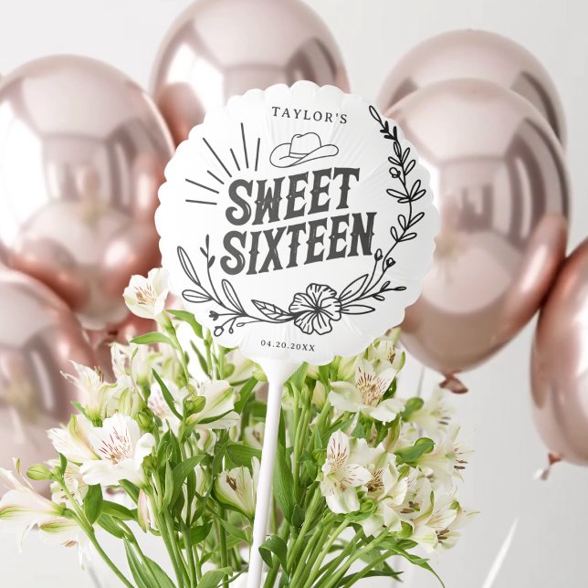 Rustic Western Cowgirl Sweet Sixteen Party Balloon (Rustic cowgirl sweet sixteen party balloon with floral design and rose gold balloons backdrop.)