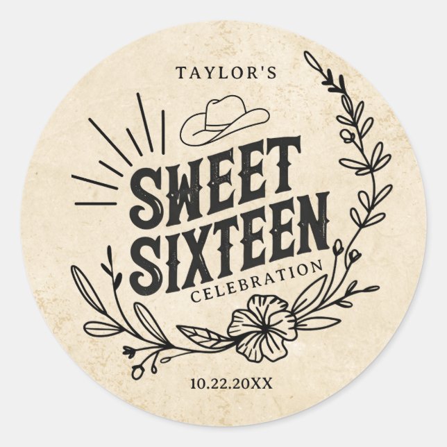Rustic Western Cowgirl Sweet Sixteen Sticker (Front)