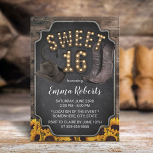 Rustic Western Cowgirl Vintage Sunflower Sweet 16 Invitation