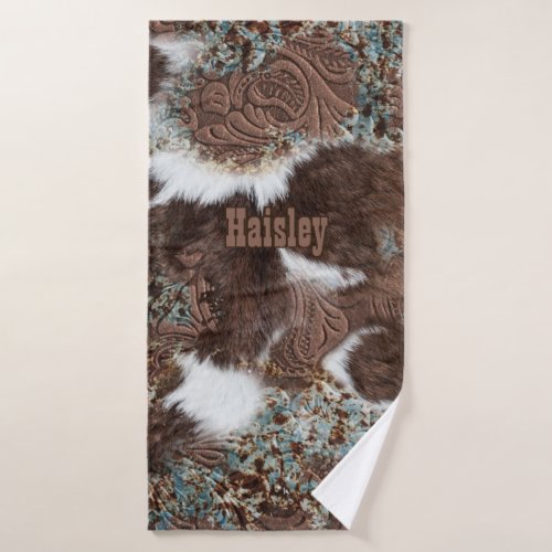 Rustic Western Cowhide Brown Leather Name Bath Towel Set