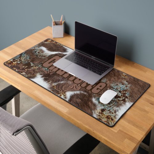 Rustic Western Cowhide Brown Leather Name Desk Mat