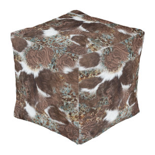 Rustic Western Cowhide Brown Leather Turquoise Pouf
