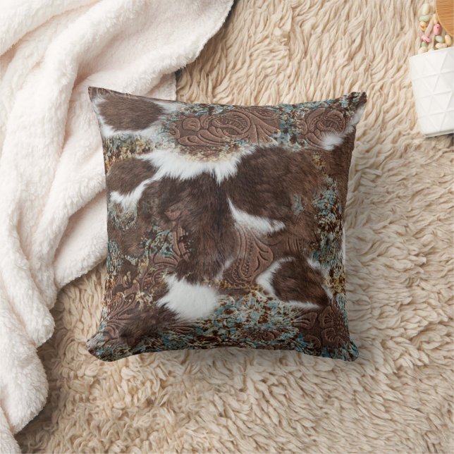 Rustic Western Cowhide Brown Leather Turquoise Throw Pillow (Blanket)
