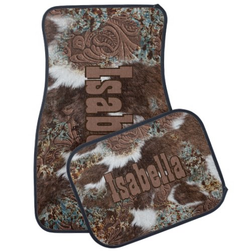 Rustic Western Cowhide Leather Name  Car Floor Mat