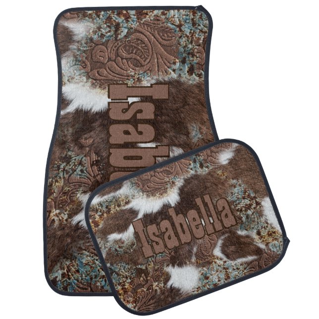 Rustic Western Cowhide Leather Name  Car Floor Mat (Set)