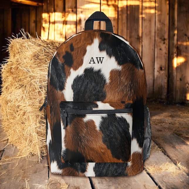 Rustic Western Cowhide Pattern Printed Backpack (Personalize with your initials.)
