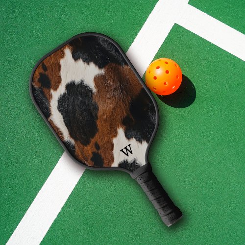 Rustic Western Cowhide Pattern with Monogram Pickleball Paddle