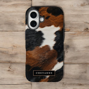 Rustic Western Cowhide Pattern with Name iPhone 16 Case