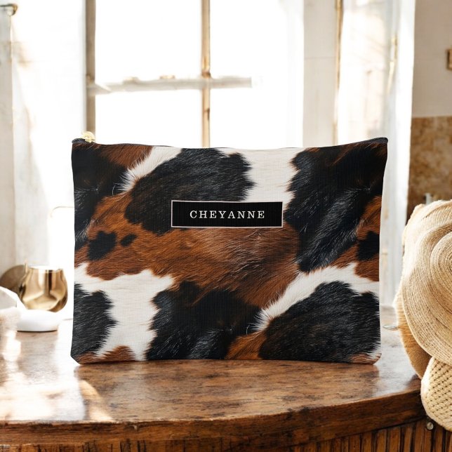 Rustic Western Cowhide Pattern with Your Name Accessory Pouch (Personalize with your name.)