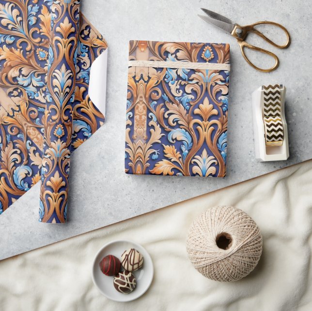 Rustic Western Damask Pattern Denim Leather Wrapping Paper (Crafts)