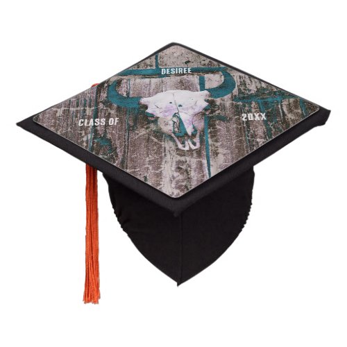 Rustic Western Dark Teal Brown Texture Bull Skull Graduation Cap Topper