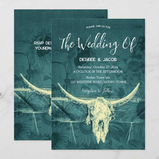 Rustic Western Dark Teal Sunflowers Bull Skull Invitation (Front/Back)