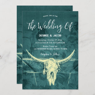 Rustic Western Dark Teal Sunflowers Bull Skull Invitation