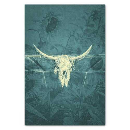 Rustic Western Dark Teal Sunflowers Bull Skull Tissue Paper