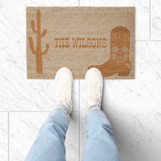Rustic Western Earth Tone Country Cowboy Boots Fiber Doormat (Insitu)