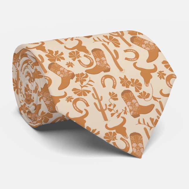 Rustic Western Earth Tone Country Cowboy Boots Neck Tie (Rolled)