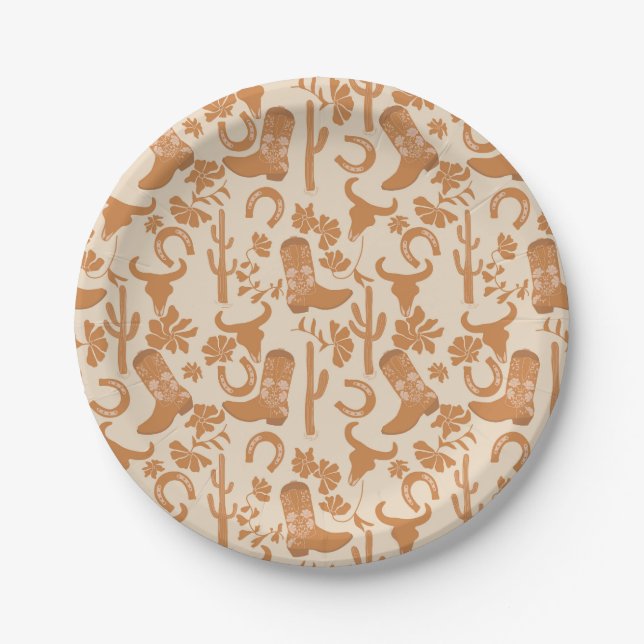 Rustic Western Earth Tone Country Cowboy Boots Paper Plates (Front)