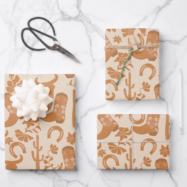 Rustic Western Earth Tone Country Cowboy Boots Wrapping Paper Sheets (Front)