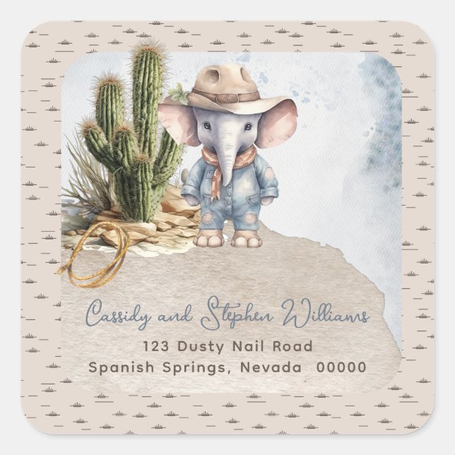 Rustic Western Elephant Cowboy Return Address Square Sticker (Front)