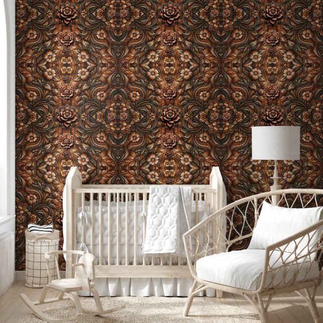 Rustic Western Embossed Leather Look Floral Print Wallpaper (Kids)