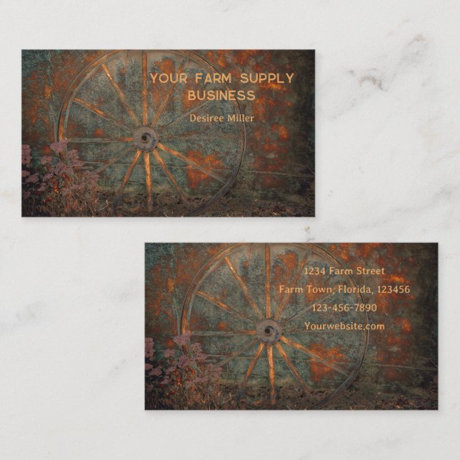 Rustic Western Fall Orange Gray Wagon Wheel Business Card (Front/Back)