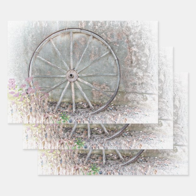 Rustic Western Gray White Distressed Wagon Wheel Wrapping Paper Sheets (Set)