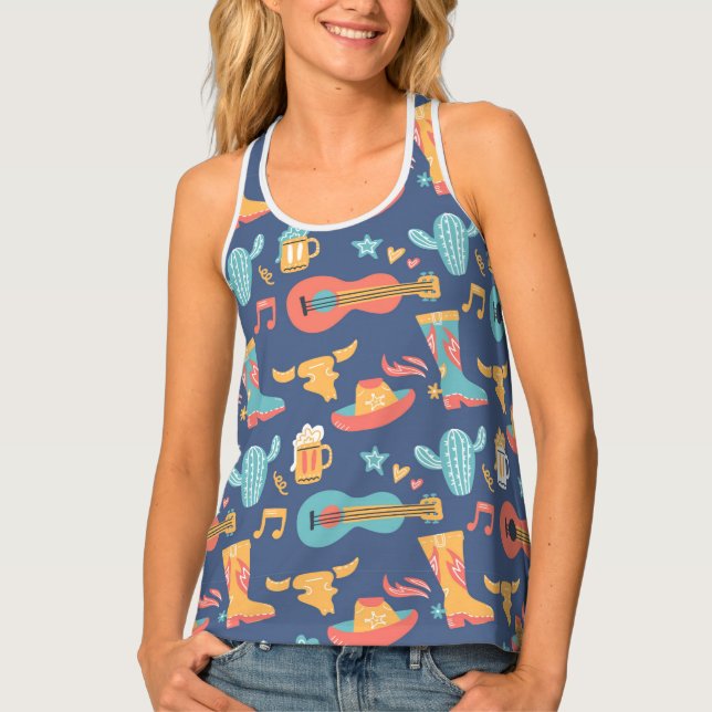Rustic Western Honky Tonk Images on Blue Tank Top (Front)
